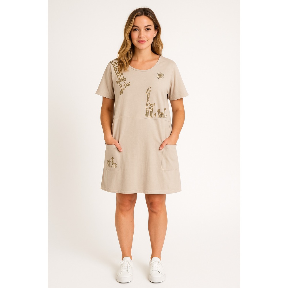 Viva City Dress Womens 3X Beige Giraffe Animal Print Relaxed Tunic Art Leganlook